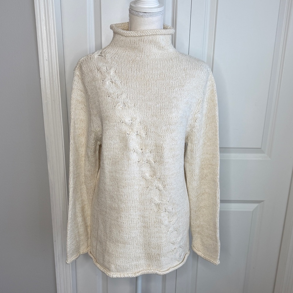 Coldwater Creek Vintage Cream Gold Thread Mock Neck Knit Sweater Sparkly Medium
